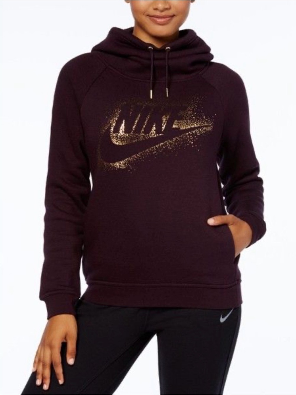 Nike Women’s Medium Hoodie Plum Purple Gold Glitter Logo Cowl Neck Pullover